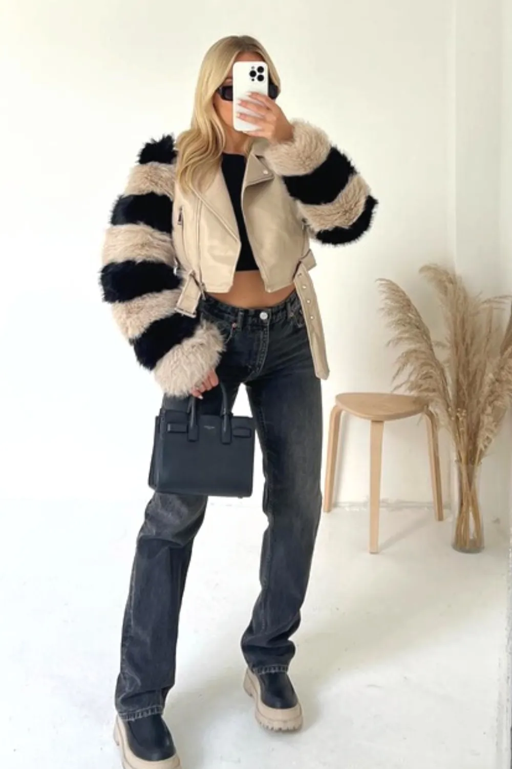 Lila beige & black striped pu faux fur jacket