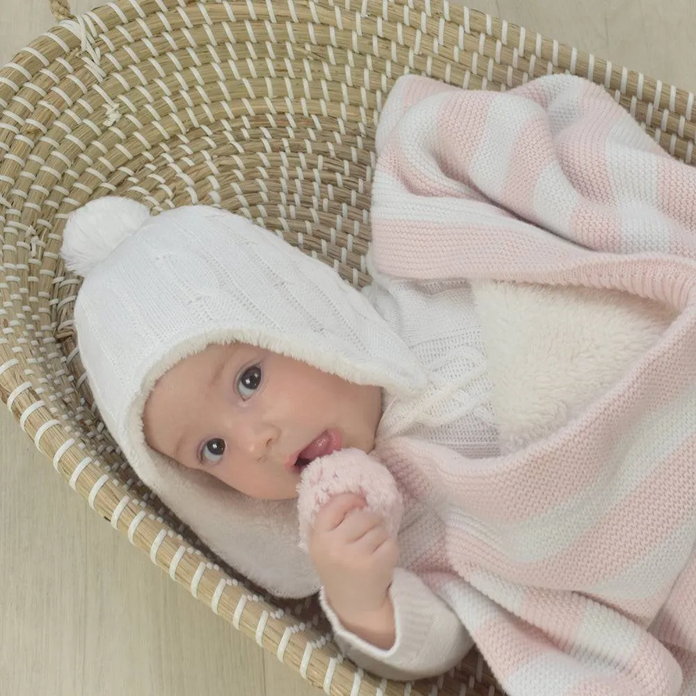 Living Textiles | Cable Knit Sherpa Pompom Beanie - Pure white 0-6mths