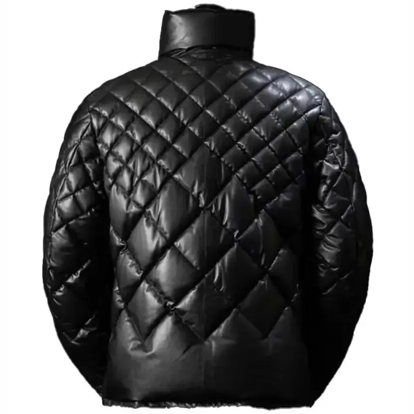 Men's Black Lambskin Leather Puffer Jacket - Leather Down Jacket