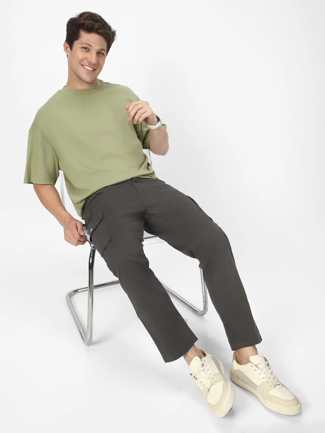 Men's Charcoal Grey Regular Fit Solid Cargo Chino Pant with 6 Pockets Stretchable