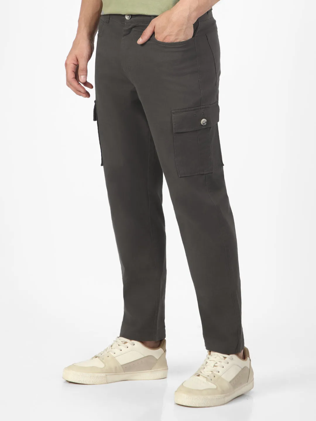 Men's Charcoal Grey Regular Fit Solid Cargo Chino Pant with 6 Pockets Stretchable