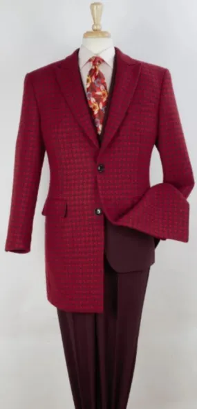 Mens Red Windowpane Overcoat - Mens Wool Car Coat - Plaid S 3/4 Length Top Coat - 100% Wool
