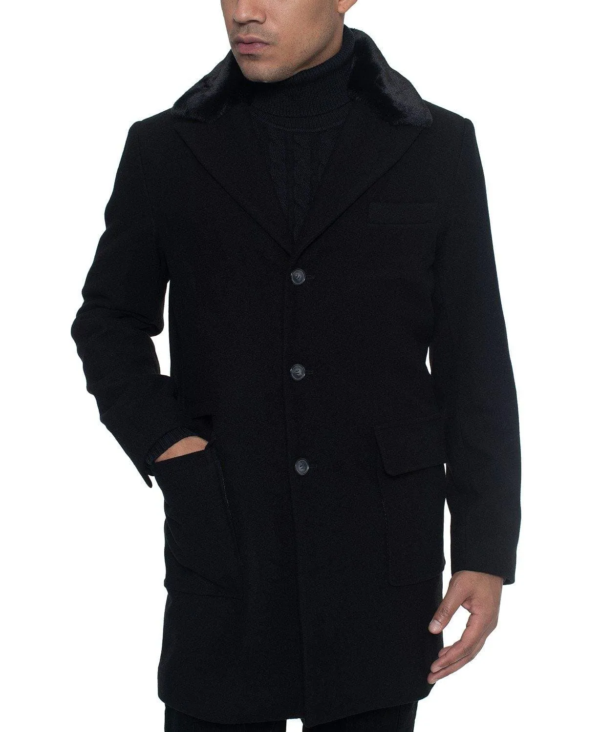 Men's Single Breasted Walking Coat with Detachable Faux Mink Collar