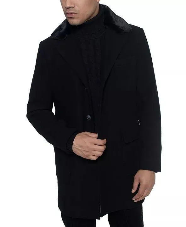 Men's Single Breasted Walking Coat with Detachable Faux Mink Collar