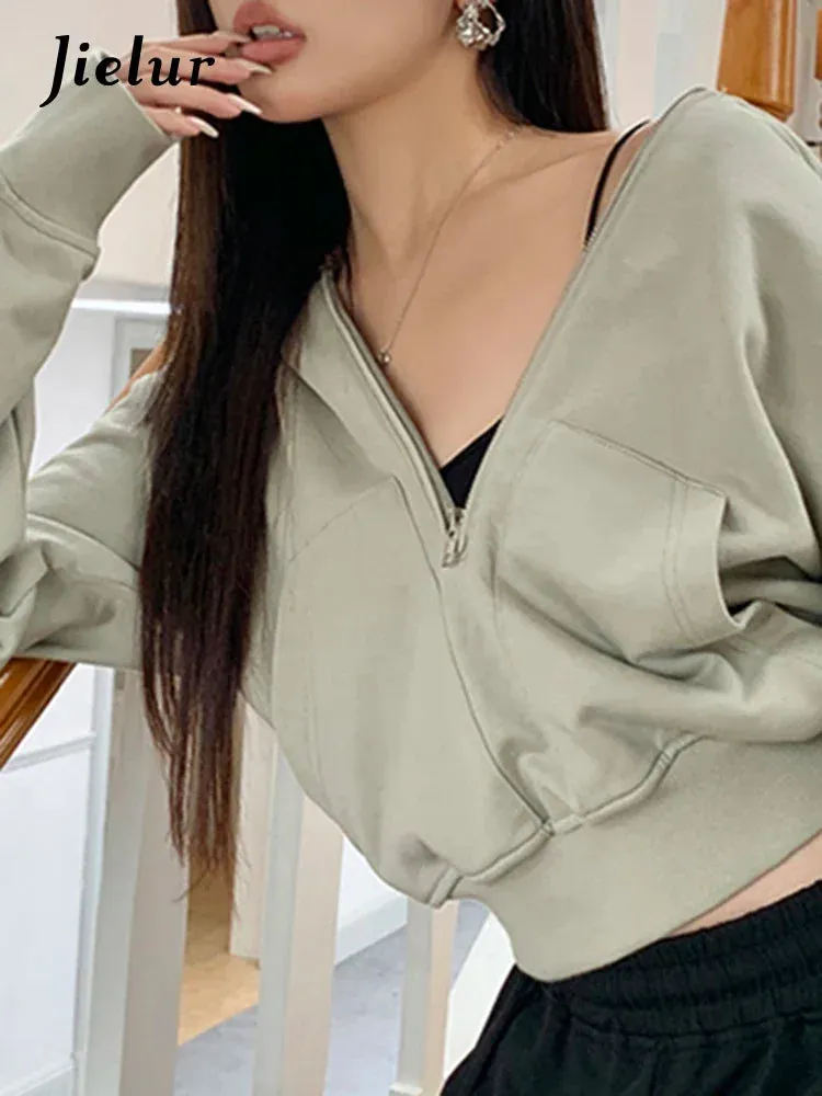 Metaversmall Winter American Hooded Loose Green Female Sweatshirts New Loose Zipper Casual Sexy Fashion Women's Hoodies Office Lady