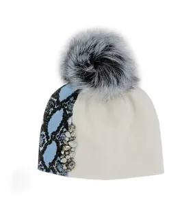 Mitchie's | Knit Hat with Snakeprint, Crystals & Fox Fur Pom Pom | Women's