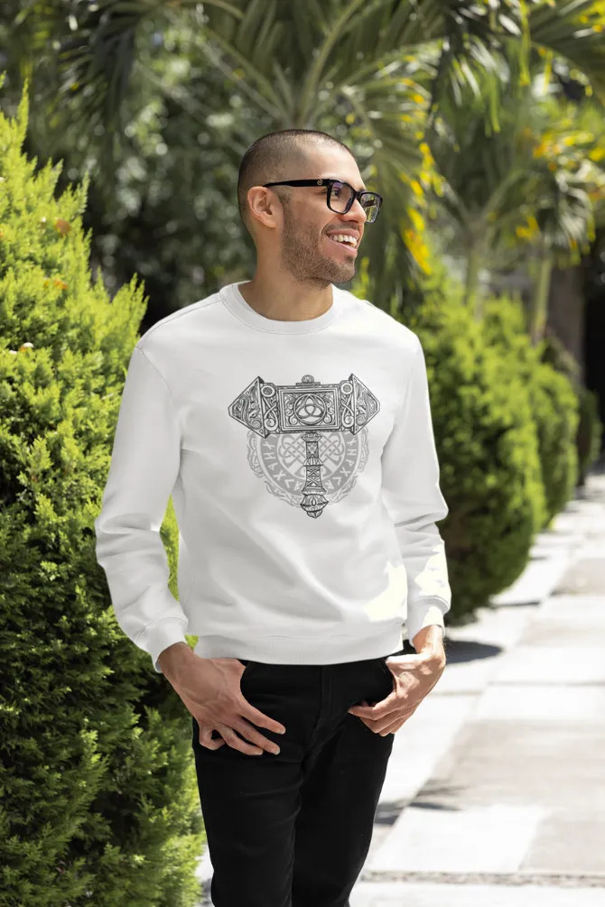 Mjolnir Knotwork Hammer White Printed Sweatshirt for men