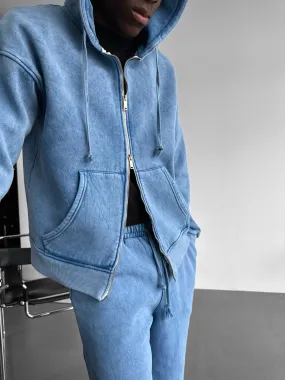 Oversize Washed Zipper Hoodie - Babyblue