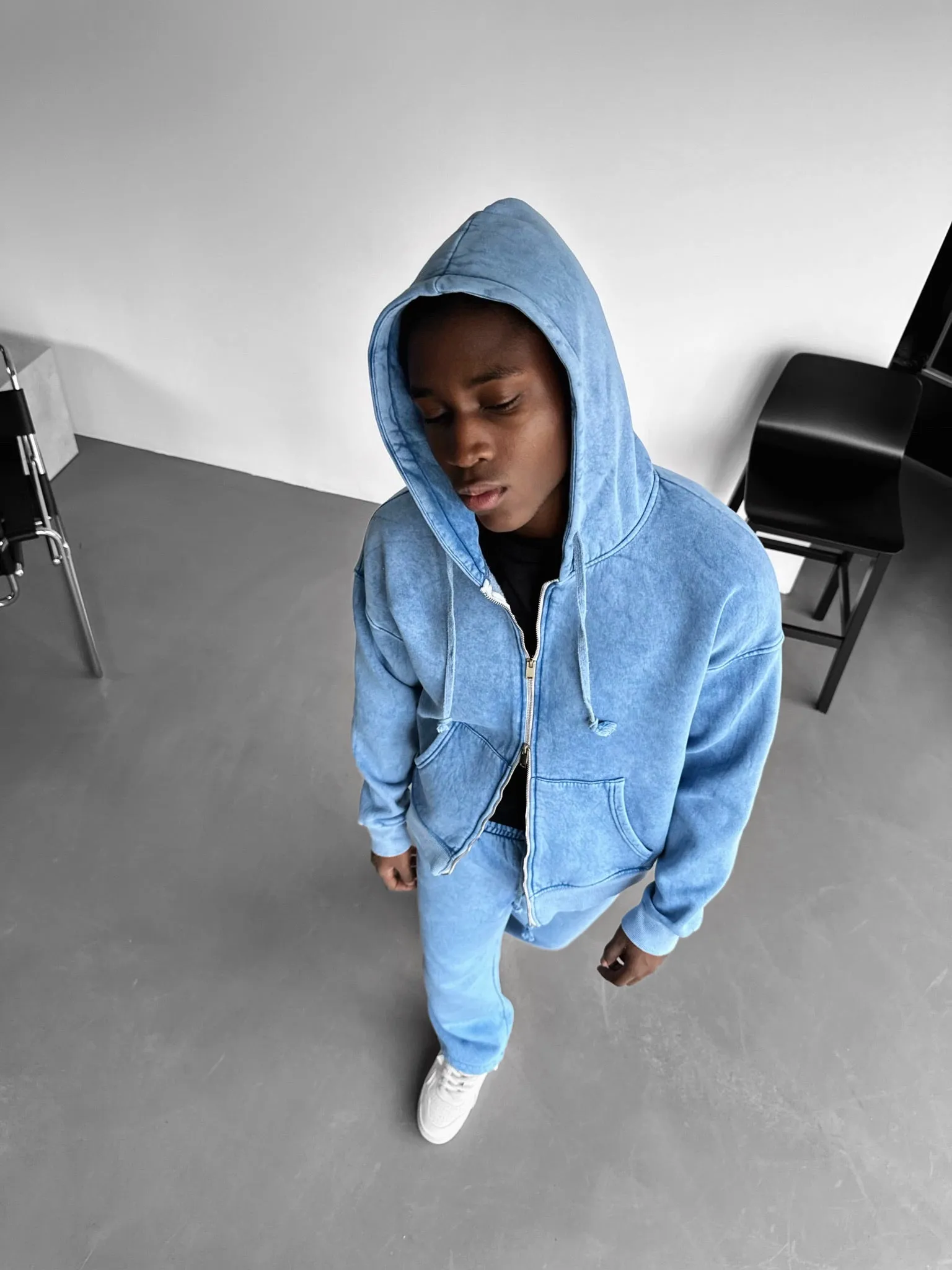 Oversize Washed Zipper Hoodie - Babyblue