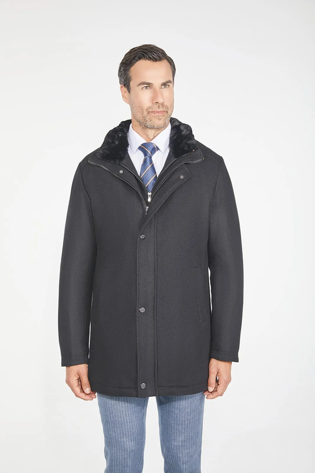 Pierre Carlos Mens Solid Black Wool Cashmere Blend 3/4 Length Overcoat