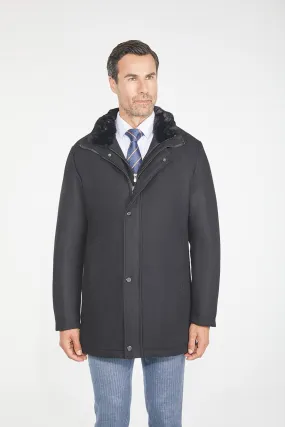 Pierre Carlos Mens Solid Black Wool Cashmere Blend 3/4 Length Overcoat