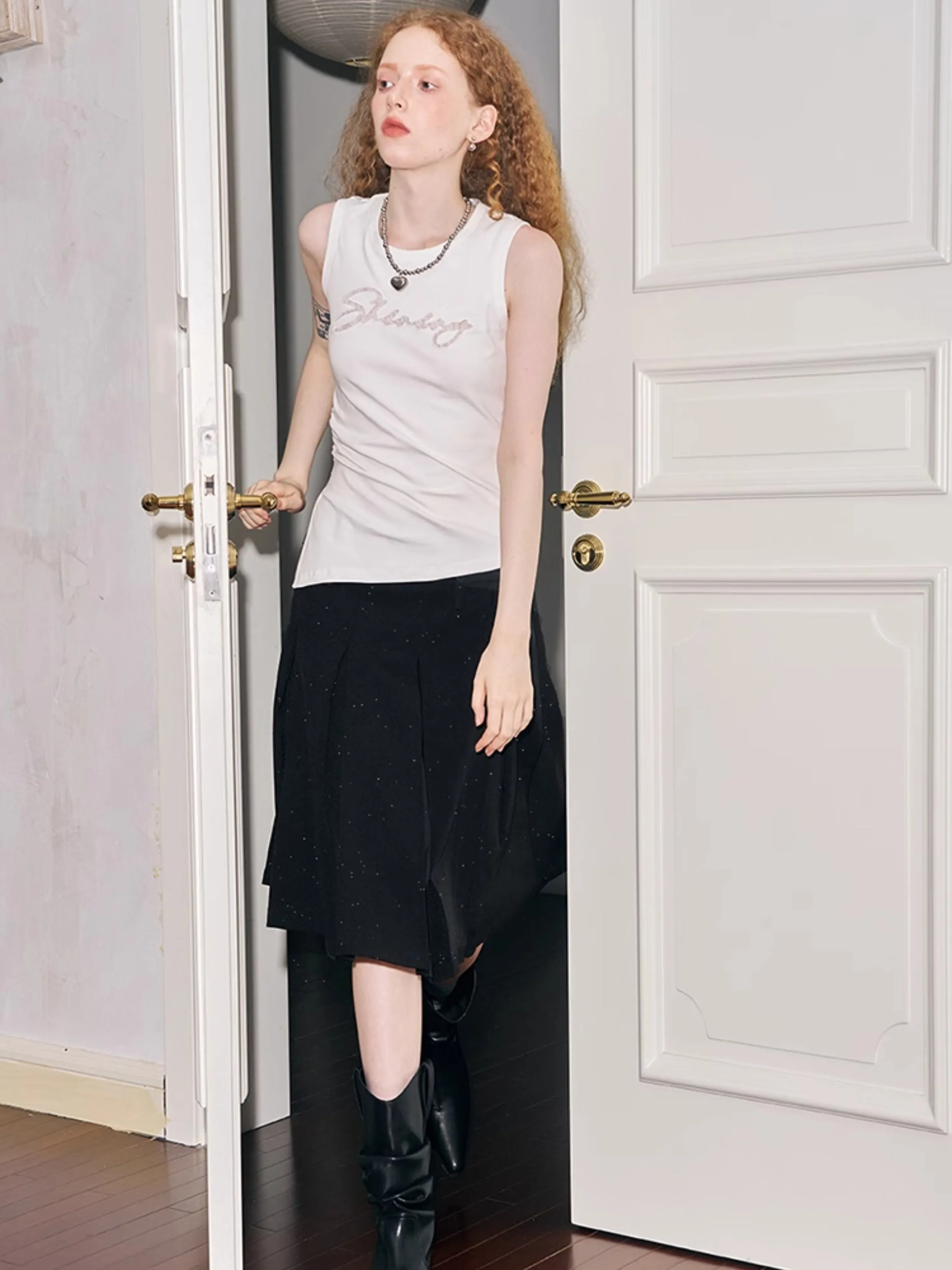 Polka Dot Tuck Pleated Midi Skirt