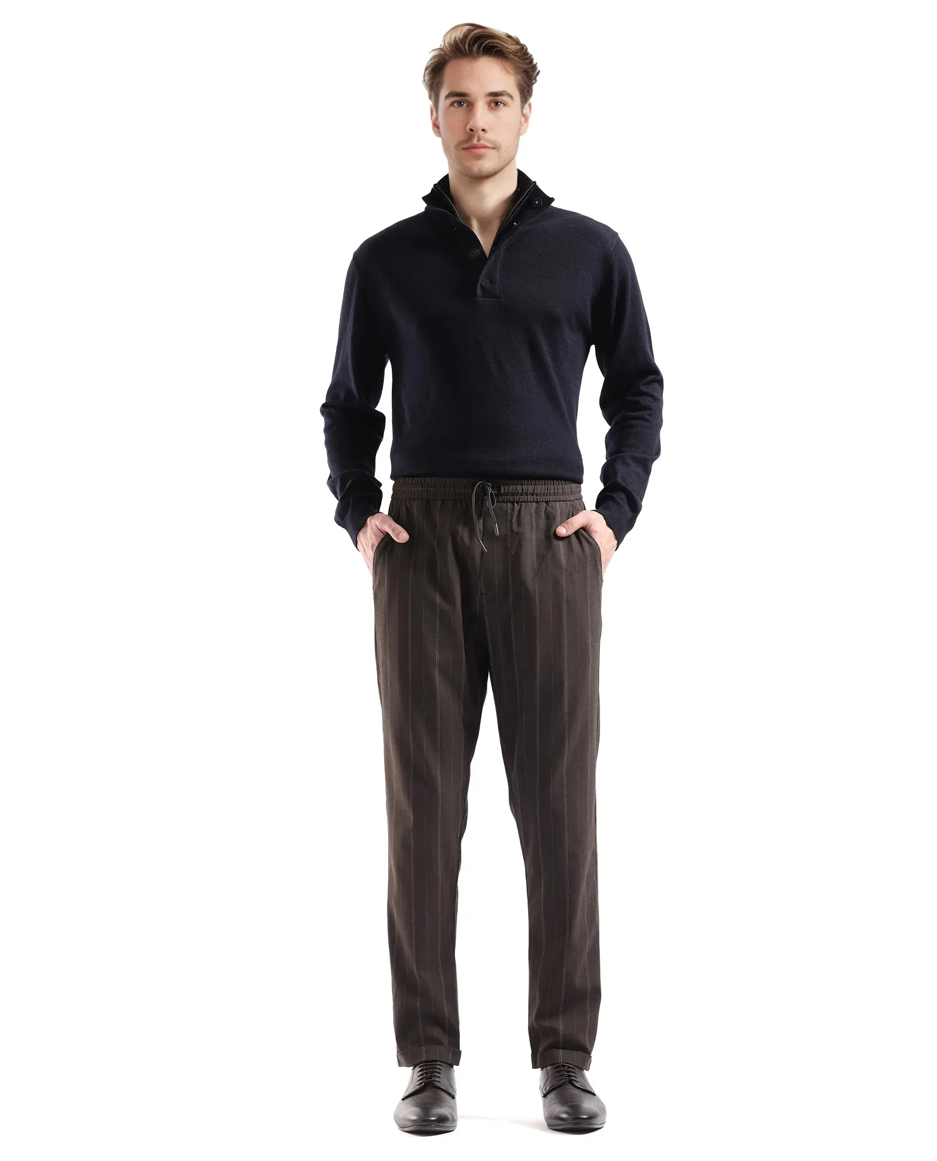 Rare Rabbit Men Jaret Brown Cotton Fabric Drawstring Closure Regular Fit Striped Trouser