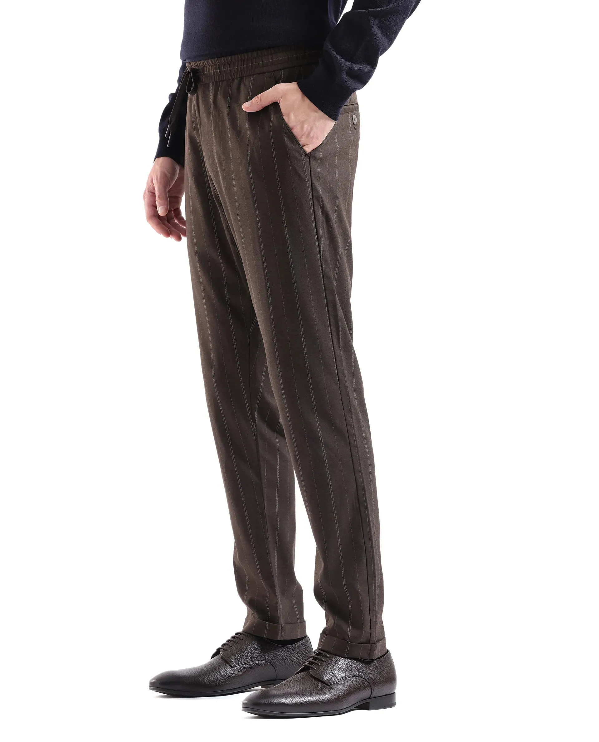 Rare Rabbit Men Jaret Brown Cotton Fabric Drawstring Closure Regular Fit Striped Trouser
