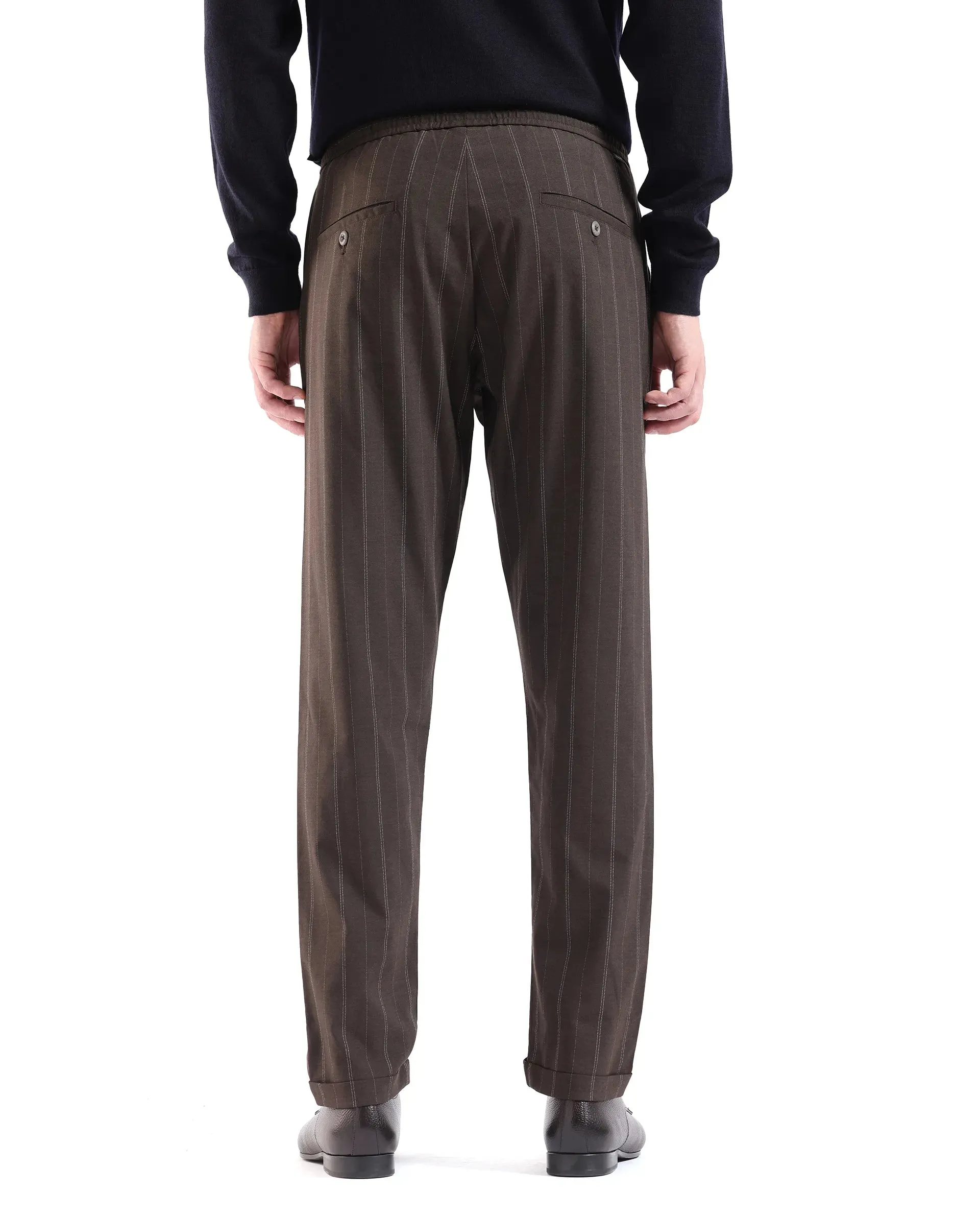 Rare Rabbit Men Jaret Brown Cotton Fabric Drawstring Closure Regular Fit Striped Trouser