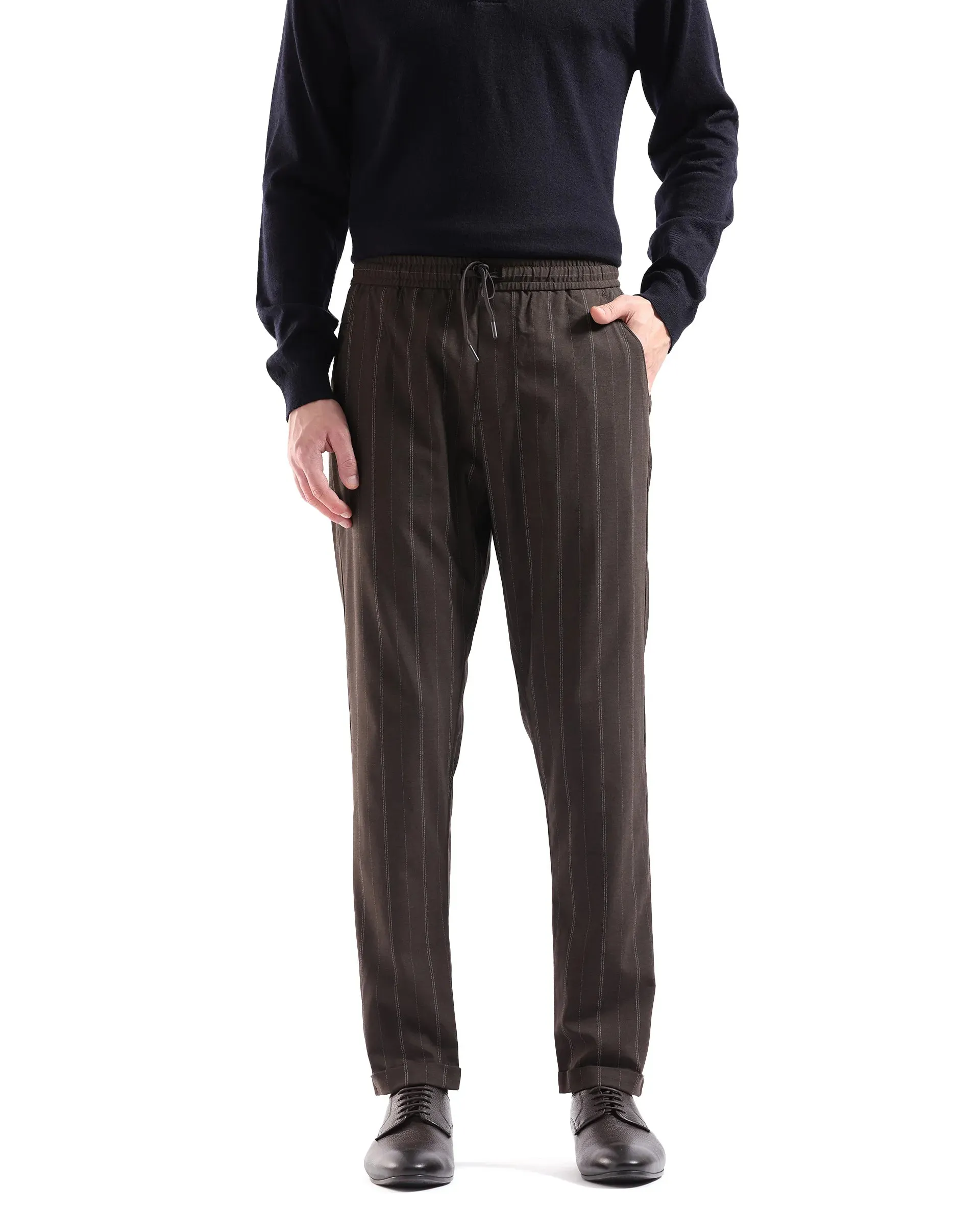 Rare Rabbit Men Jaret Brown Cotton Fabric Drawstring Closure Regular Fit Striped Trouser