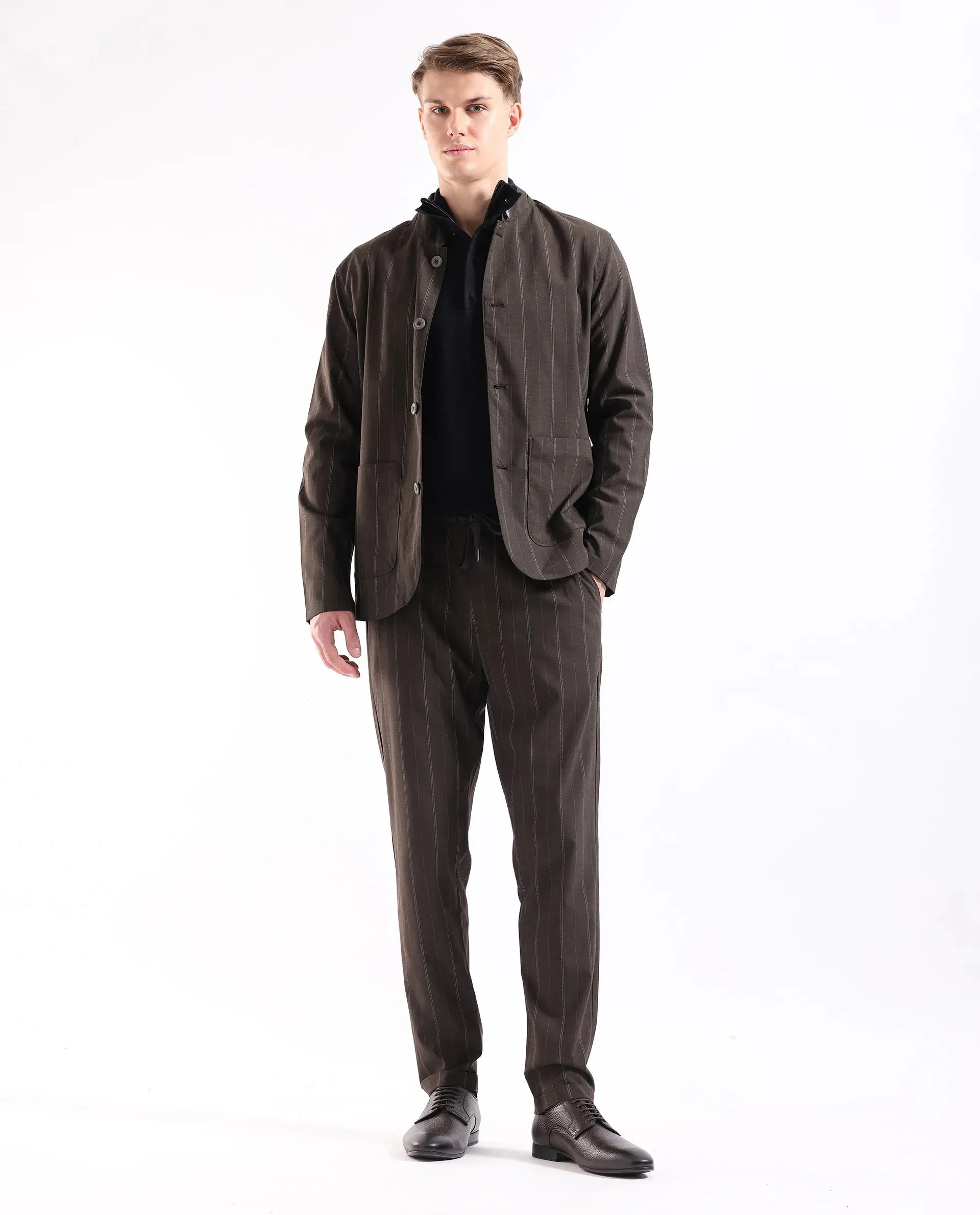 Rare Rabbit Men Jaret Brown Cotton Fabric Drawstring Closure Regular Fit Striped Trouser