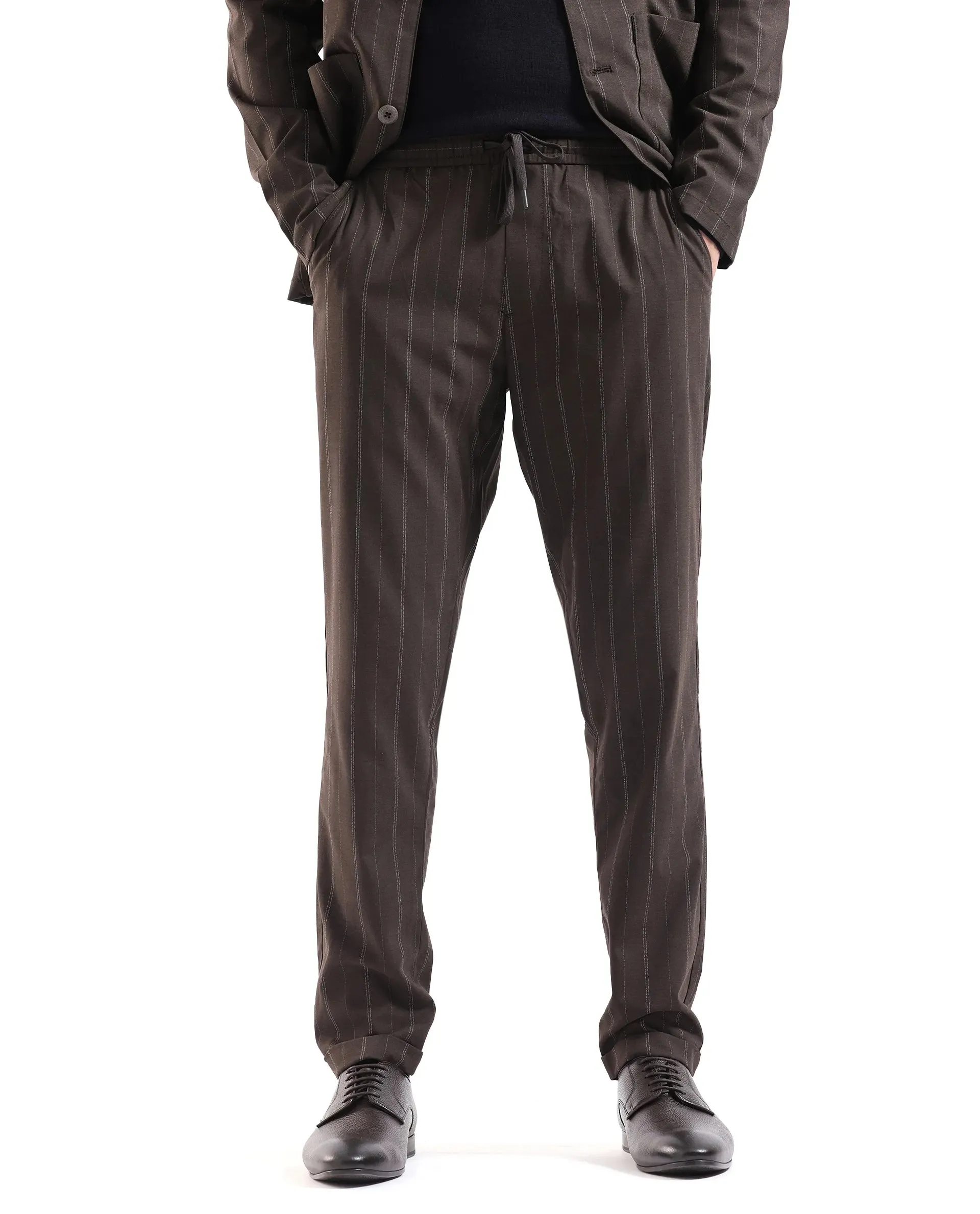 Rare Rabbit Men Jaret Brown Cotton Fabric Drawstring Closure Regular Fit Striped Trouser