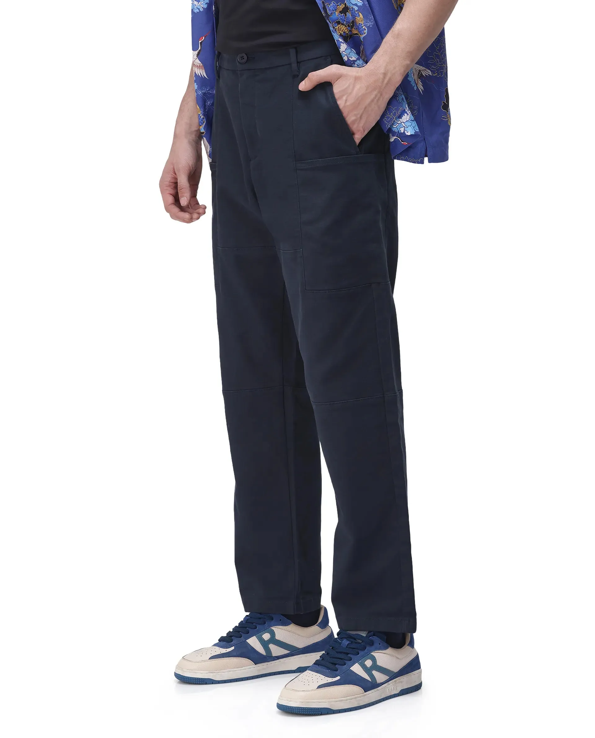 Rare Rabbit Men's Petro Navy Cotton Elastane Fabric Straight Fit Cargo Style Trouser