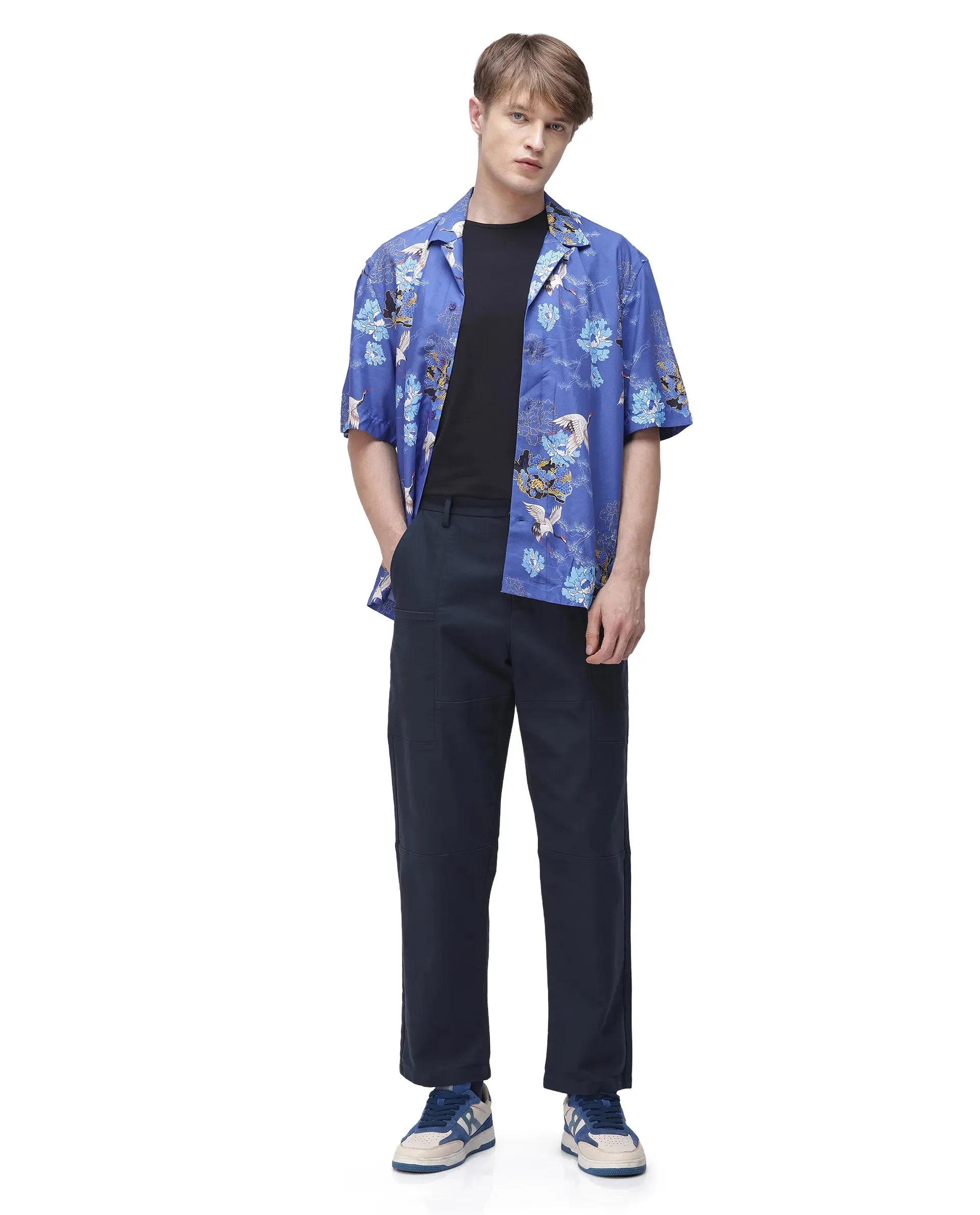Rare Rabbit Men's Petro Navy Cotton Elastane Fabric Straight Fit Cargo Style Trouser