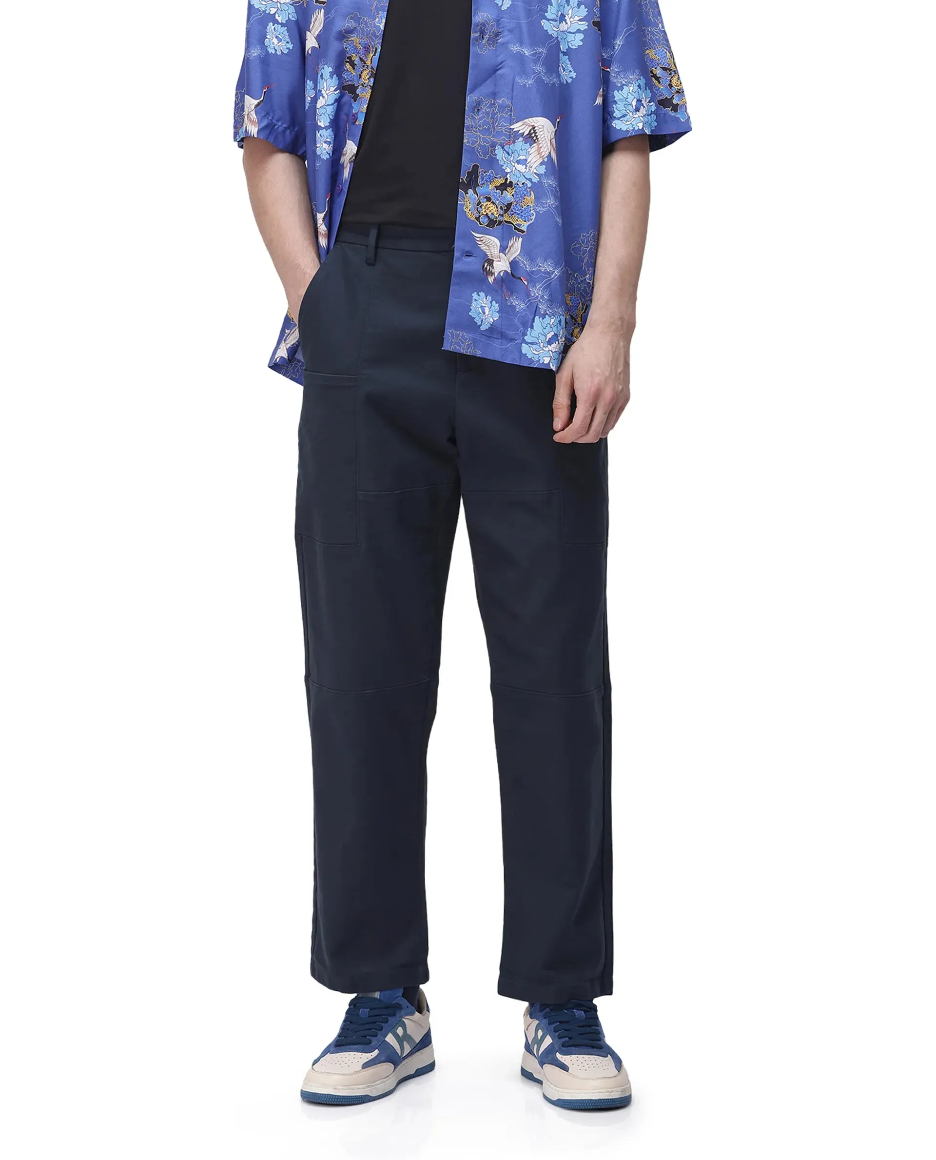 Rare Rabbit Men's Petro Navy Cotton Elastane Fabric Straight Fit Cargo Style Trouser