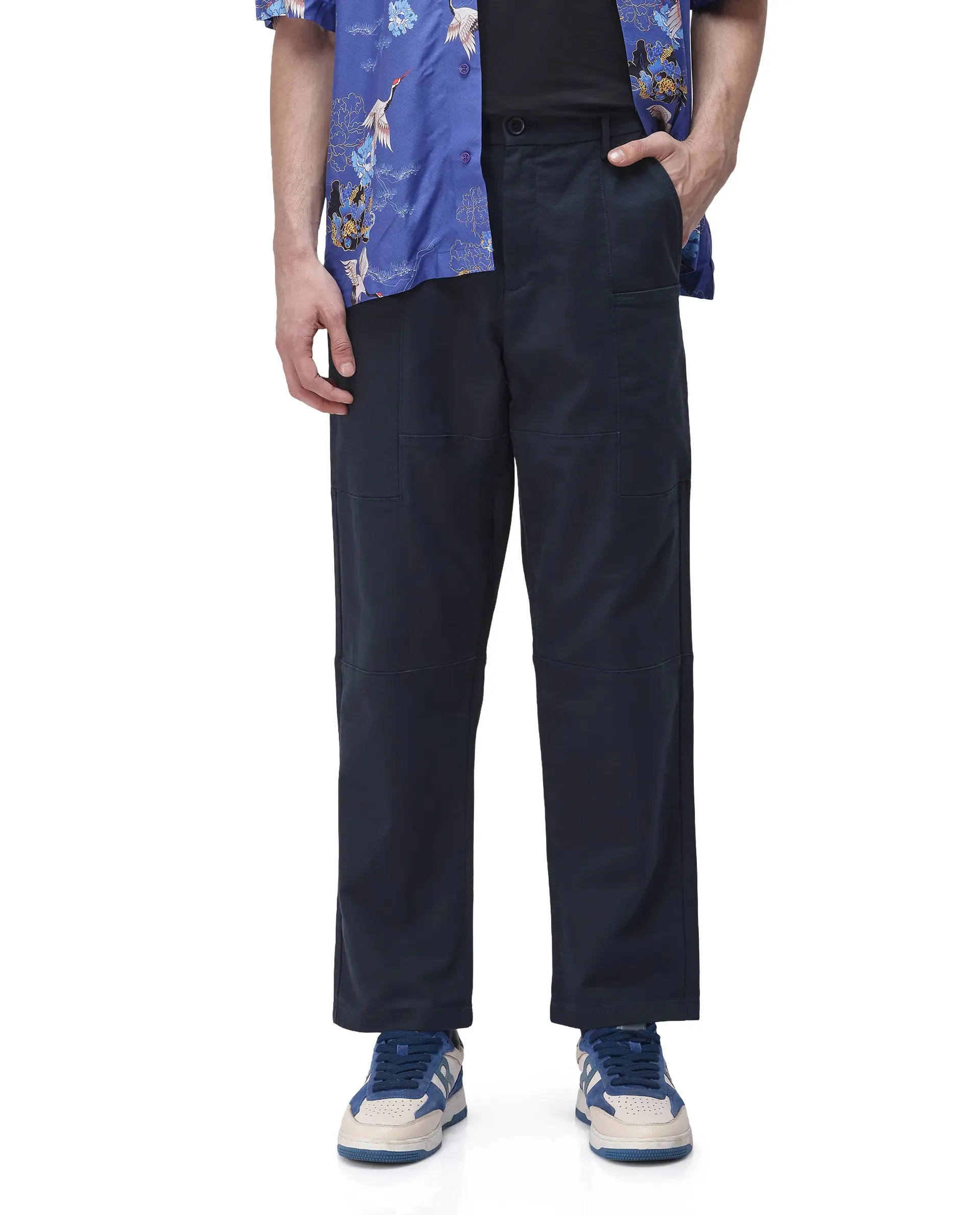 Rare Rabbit Men's Petro Navy Cotton Elastane Fabric Straight Fit Cargo Style Trouser