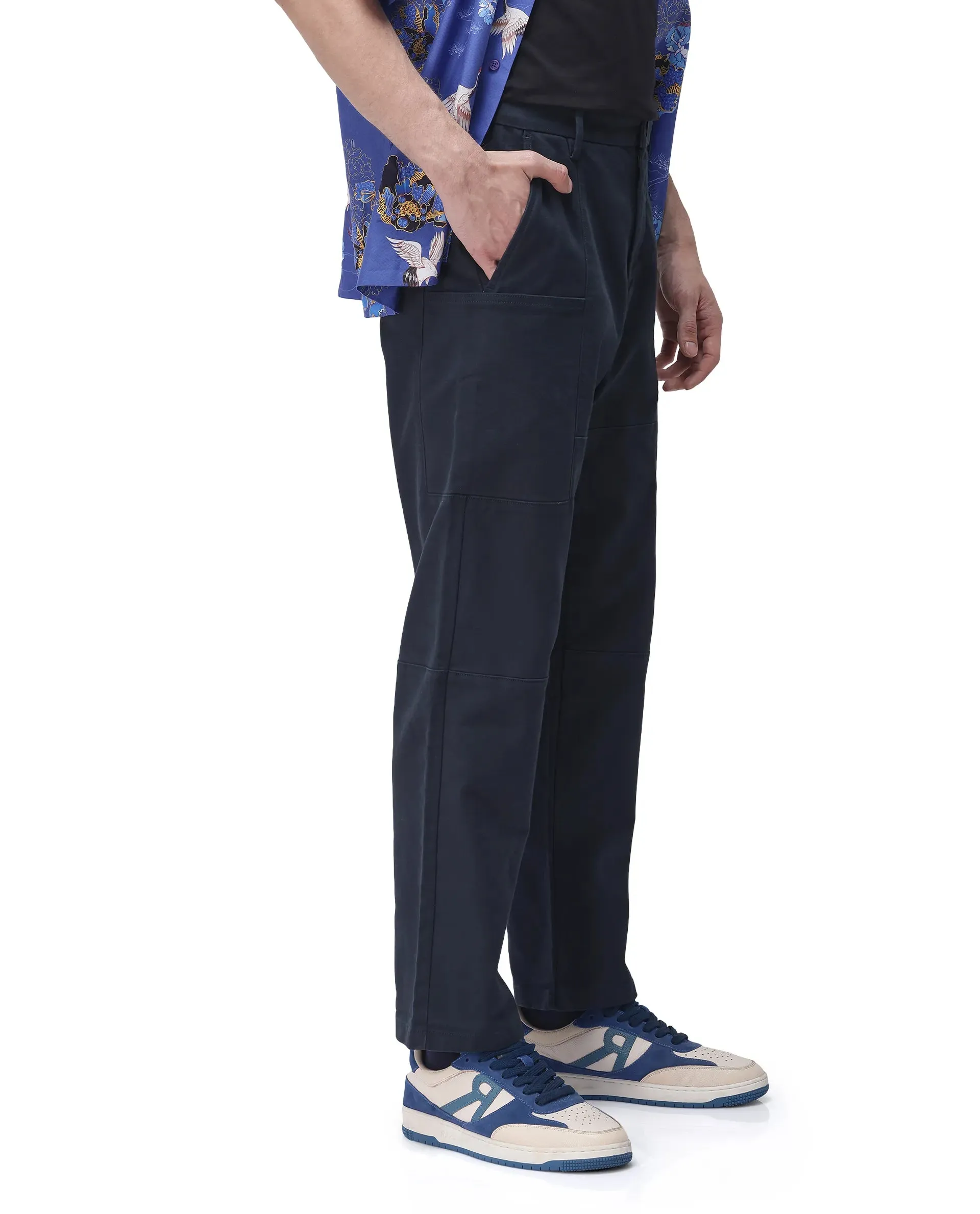 Rare Rabbit Men's Petro Navy Cotton Elastane Fabric Straight Fit Cargo Style Trouser