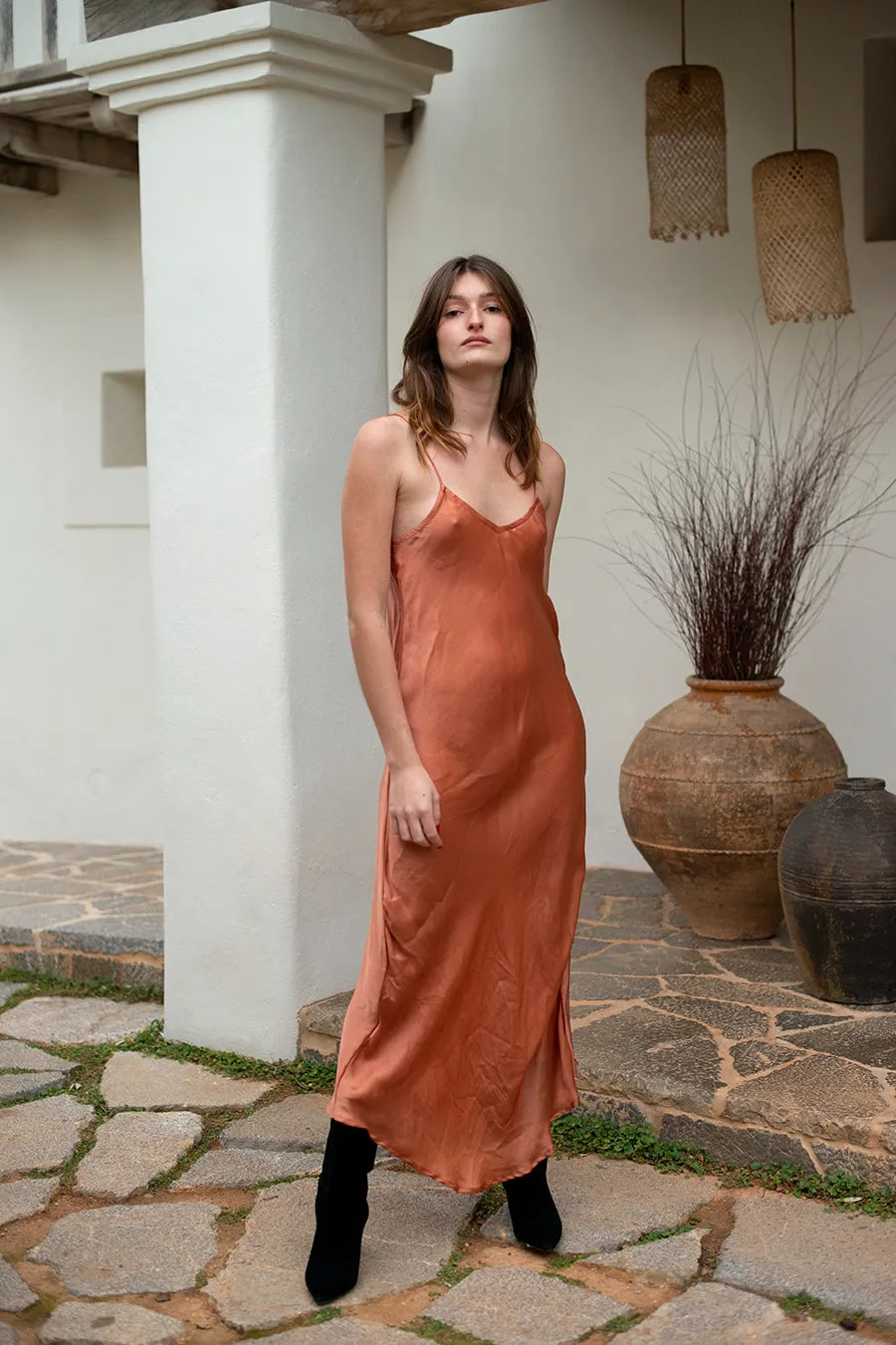 ROSE SILK SLIP DRESS BRICK