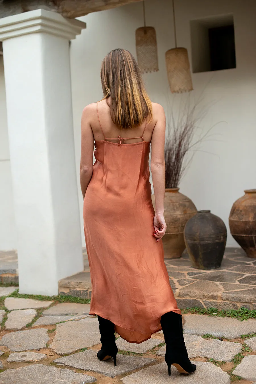 ROSE SILK SLIP DRESS BRICK