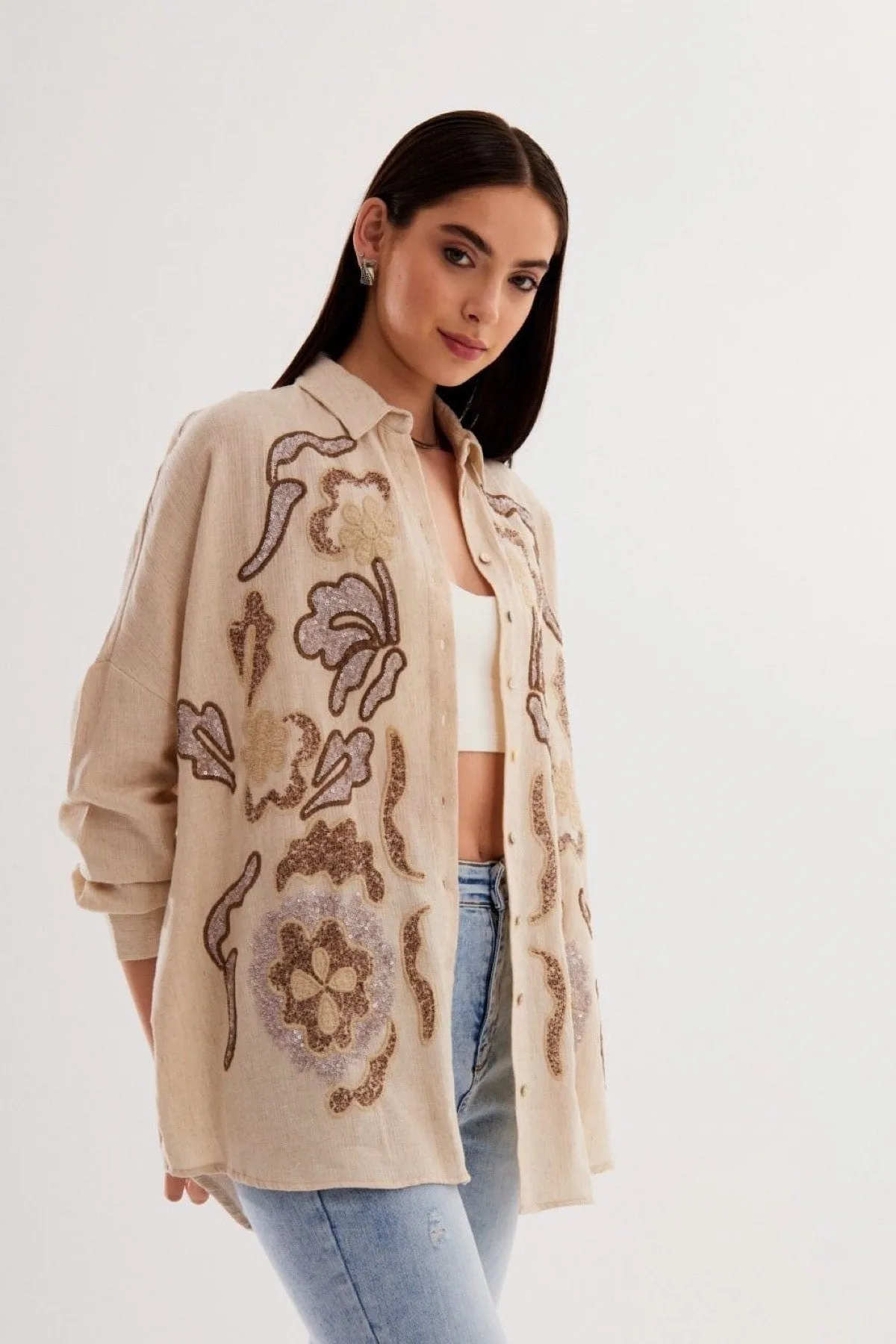 Sequins And Embroidery Oversize Shirt, Embellished Sparkly Casual Wear, Effortlessly Chic,Versatile Sequin Top,Boho Chic Style,Modern Hippie
