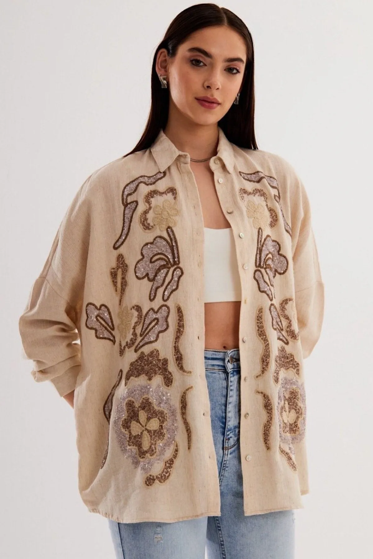 Sequins And Embroidery Oversize Shirt, Embellished Sparkly Casual Wear, Effortlessly Chic,Versatile Sequin Top,Boho Chic Style,Modern Hippie