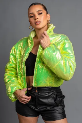 SEXY NEON SEQUINS PUFFER OVERSZIED BOMBER JACKET