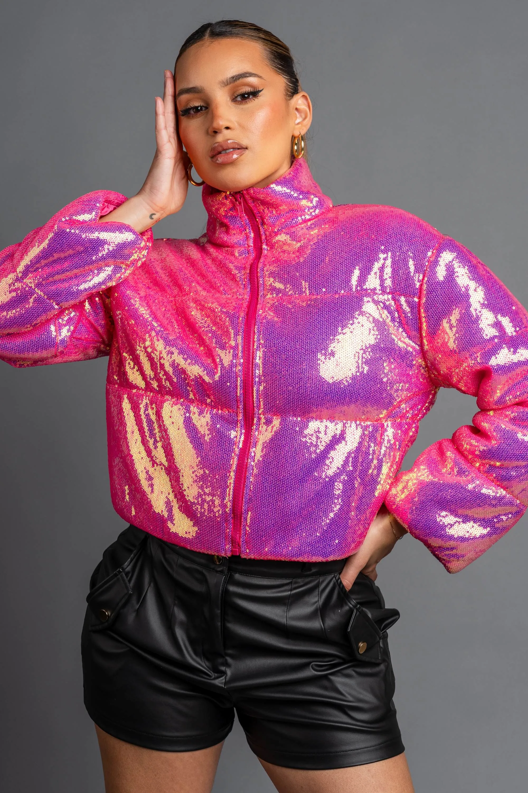 SEXY NEON SEQUINS PUFFER OVERSZIED BOMBER JACKET
