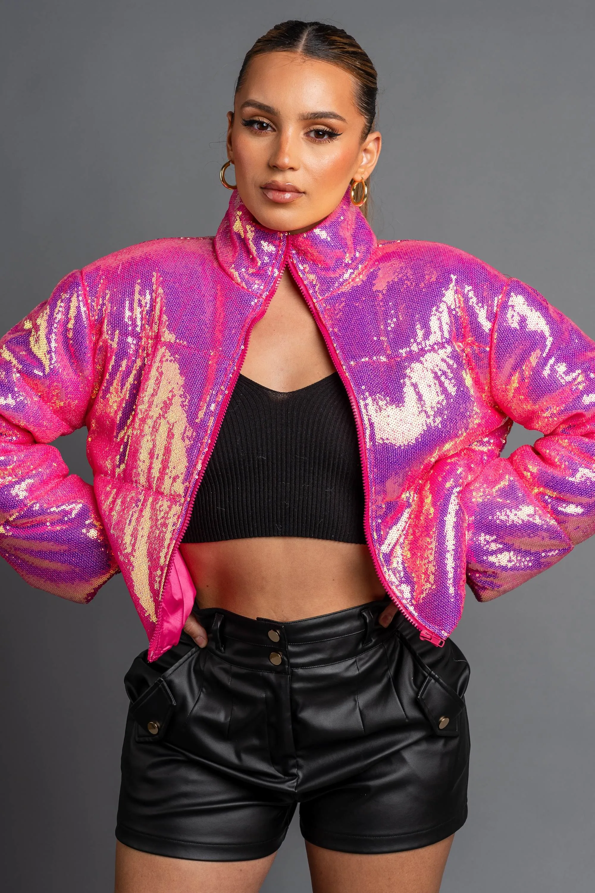 SEXY NEON SEQUINS PUFFER OVERSZIED BOMBER JACKET