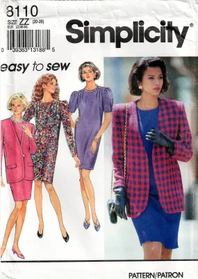 Simplicity 8110 Womens Slim Puff Sleeved Dress & Collarless Jacket 1990s Vintage Sewing Pattern Size 20 - 26 UNCUT Factory Folded