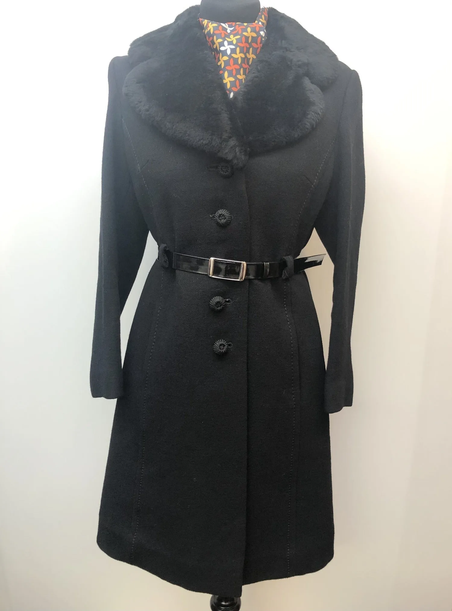 Vintage 1960s Coat with Sheepskin Collar by Betena of London - Black - Size UK 10