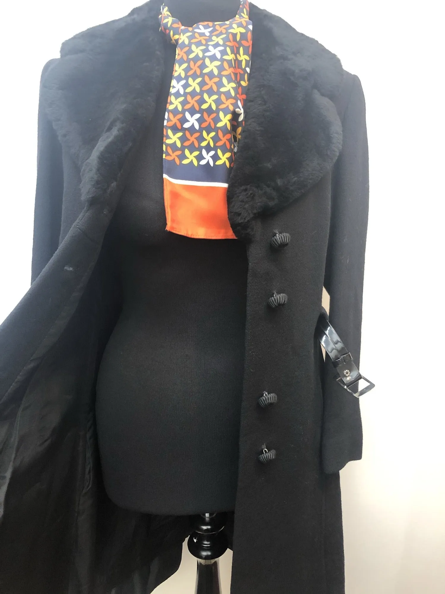 Vintage 1960s Coat with Sheepskin Collar by Betena of London - Black - Size UK 10