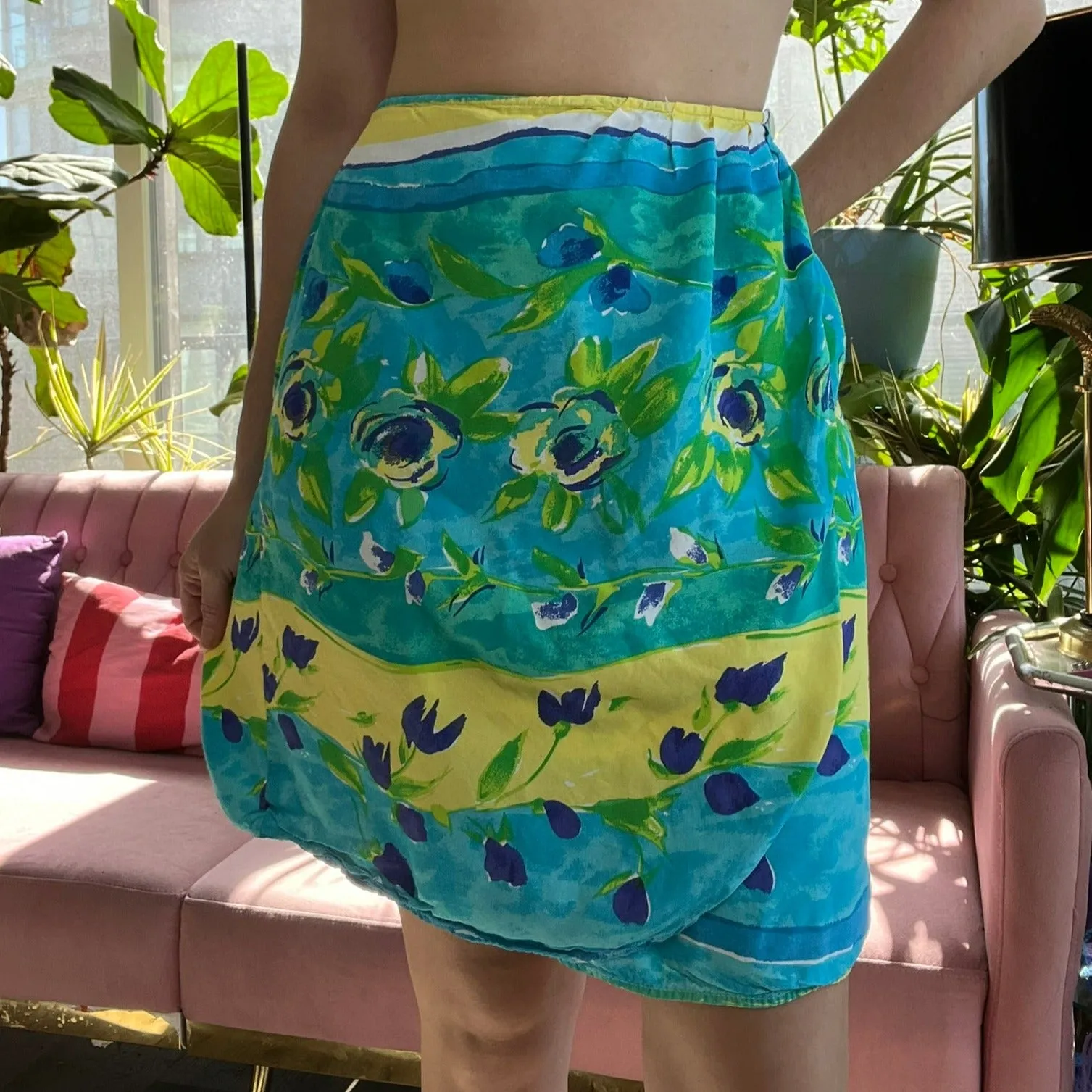 Vintage Aqua Blue Floral Wrap Skirt