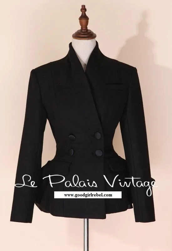 Vintage Retro thin waist peplum 100% woolen tail overcoat jacket- Jaki