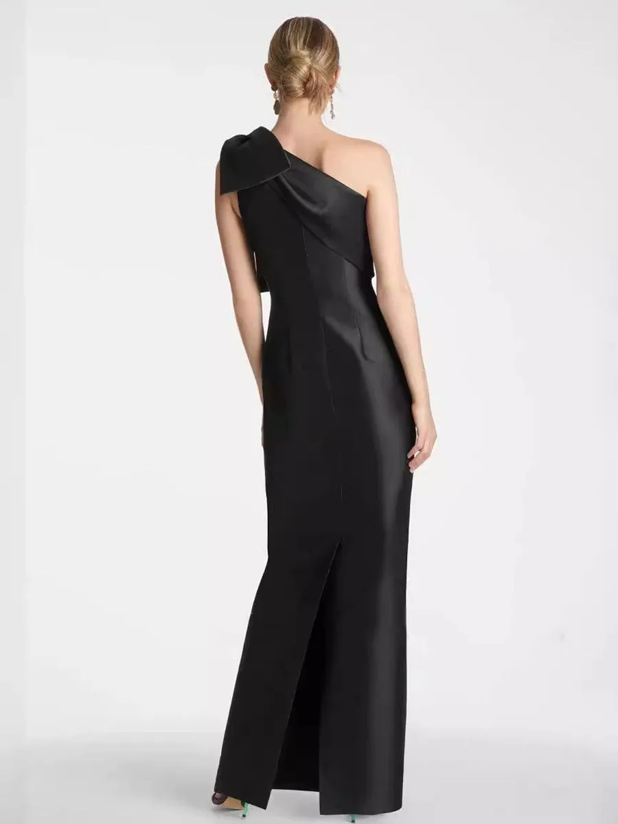 Women One Shoulder Sleeveless Patchwork Bow Evening Dress