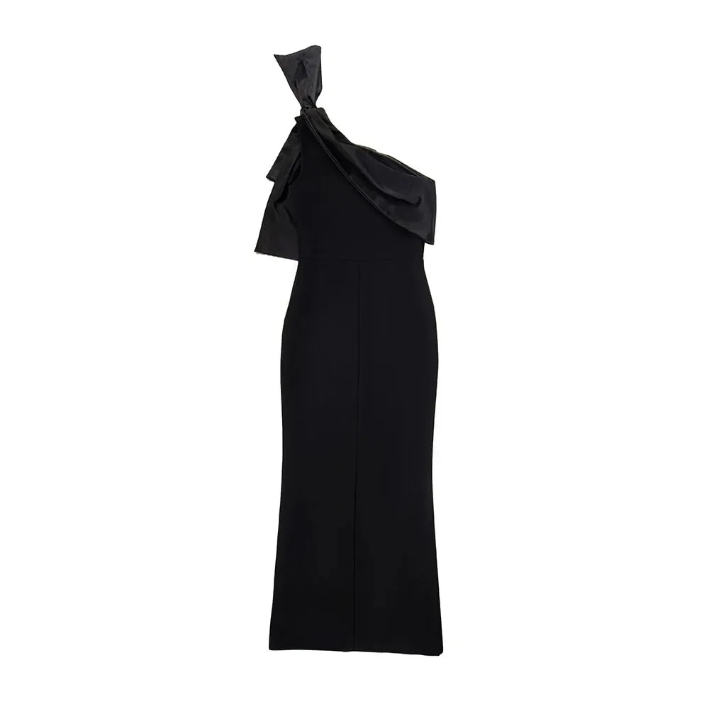 Women One Shoulder Sleeveless Patchwork Bow Evening Dress