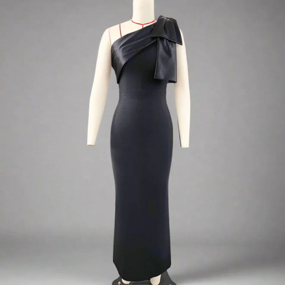 Women One Shoulder Sleeveless Patchwork Bow Evening Dress