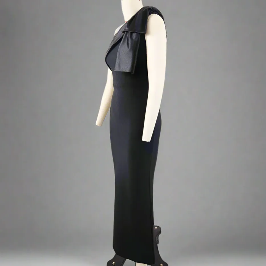 Women One Shoulder Sleeveless Patchwork Bow Evening Dress