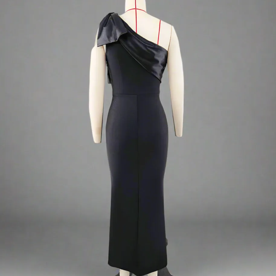 Women One Shoulder Sleeveless Patchwork Bow Evening Dress