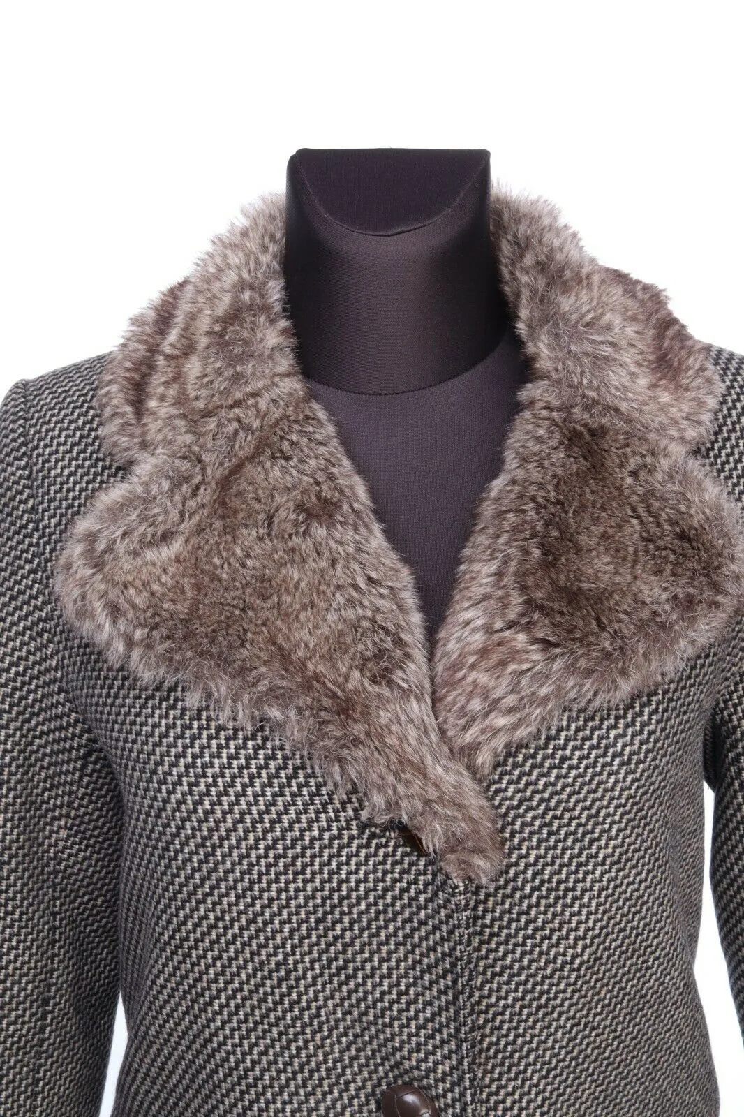 Women's GANT Grey Wool Zig Zag Faux Fur Mid-Length Coat Overcoat Size s