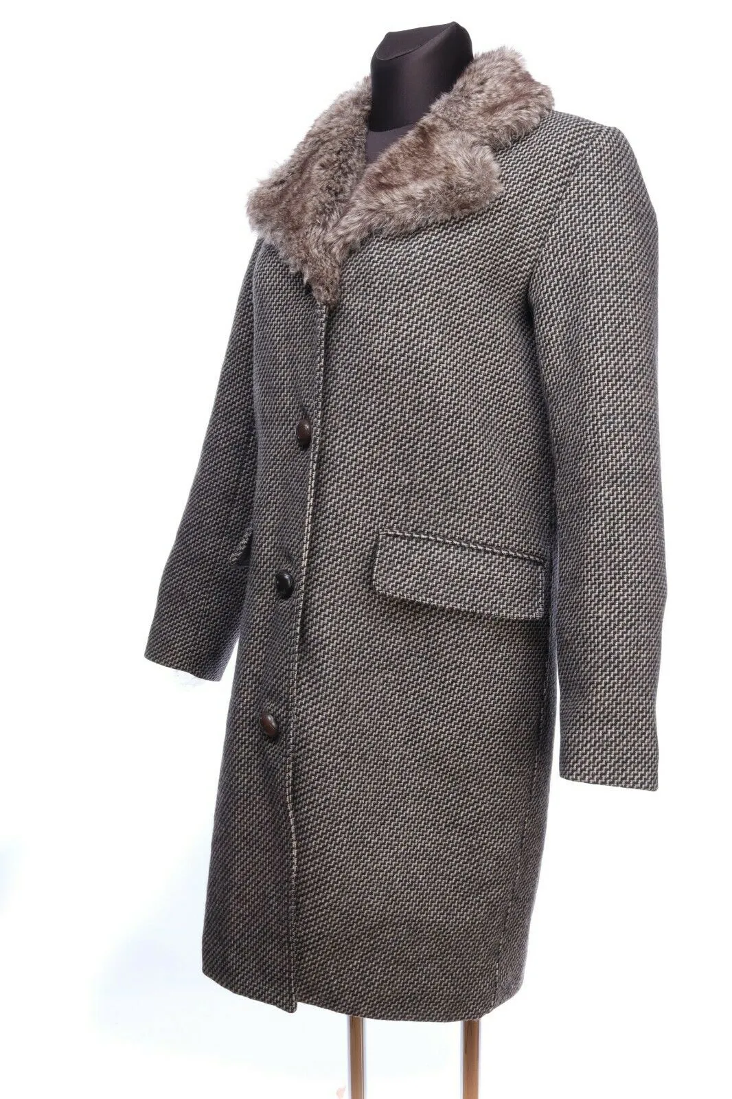 Women's GANT Grey Wool Zig Zag Faux Fur Mid-Length Coat Overcoat Size s