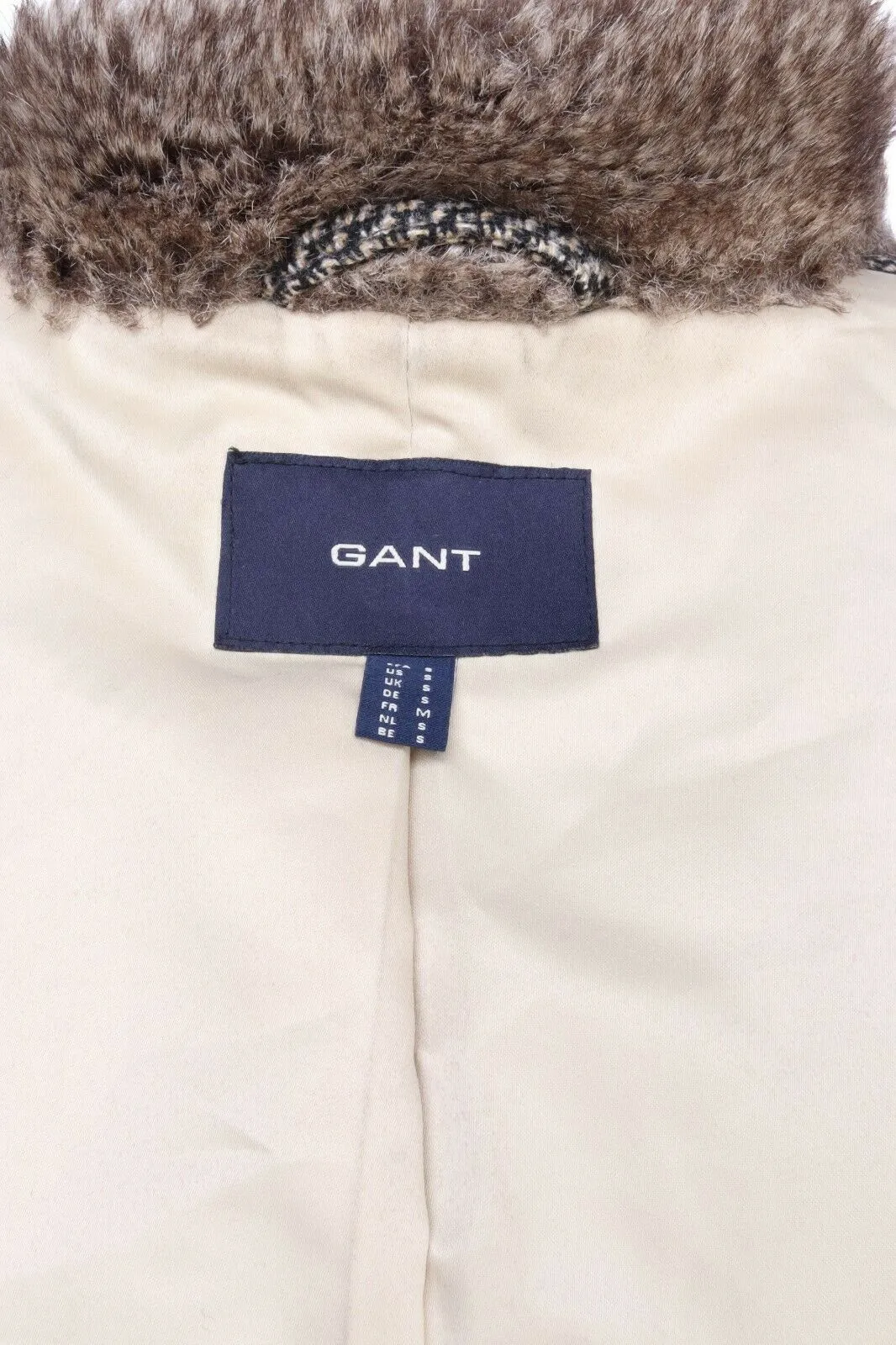 Women's GANT Grey Wool Zig Zag Faux Fur Mid-Length Coat Overcoat Size s