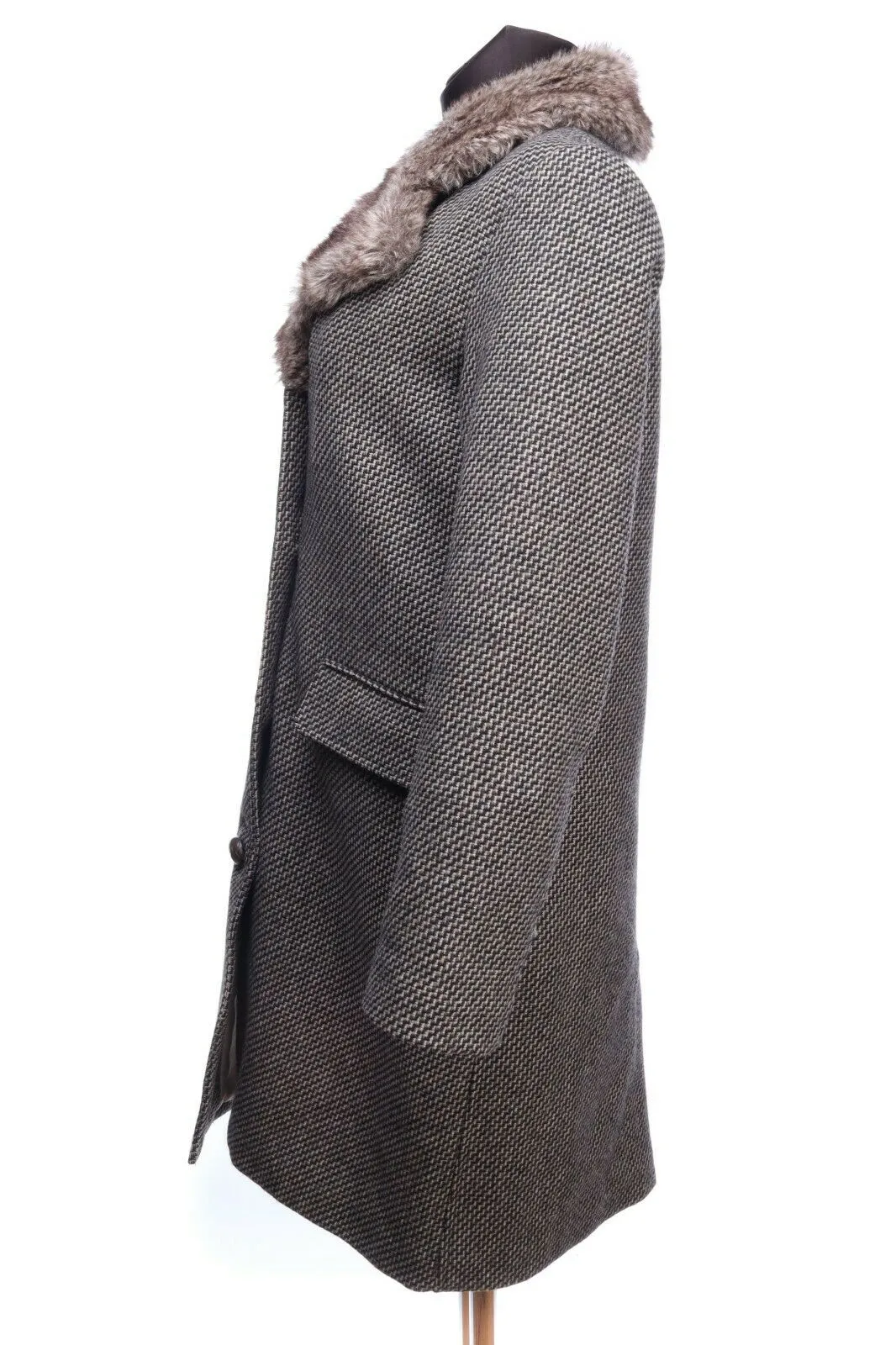 Women's GANT Grey Wool Zig Zag Faux Fur Mid-Length Coat Overcoat Size s