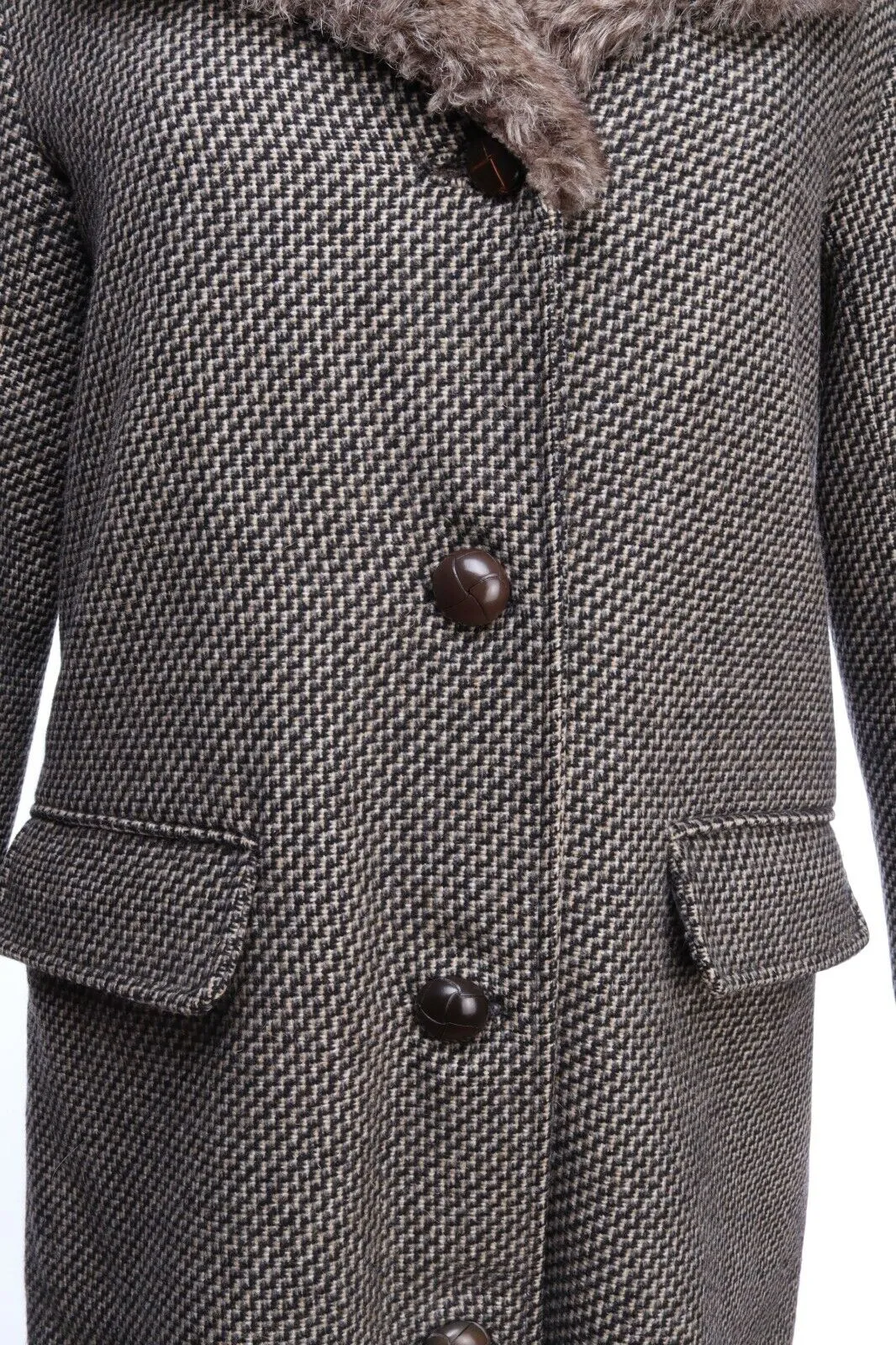 Women's GANT Grey Wool Zig Zag Faux Fur Mid-Length Coat Overcoat Size s