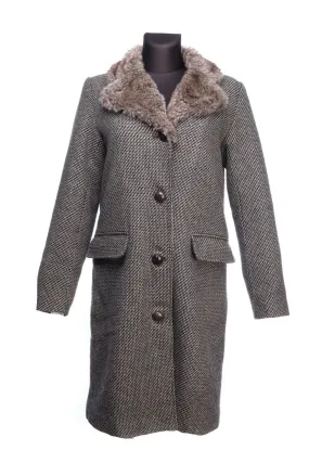 Women's GANT Grey Wool Zig Zag Faux Fur Mid-Length Coat Overcoat Size s